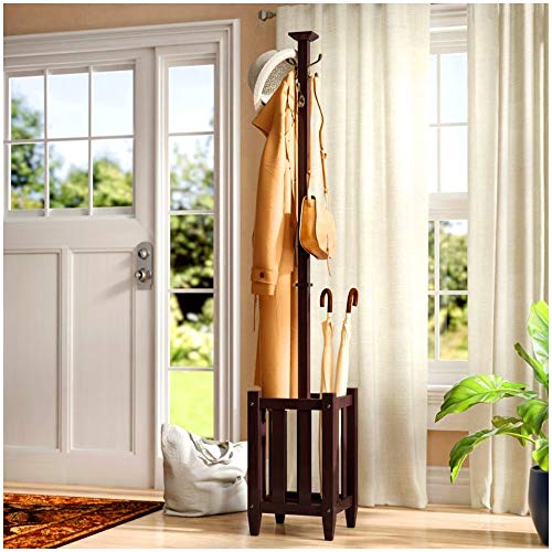 BS Coat Tree Free Standing with Umbrella Rack Hat Stand Display Hall Tree Wooden Espresso Storage Holder 4 Double Hooks for Clothes and Scarves & eBook by BADA Shop
