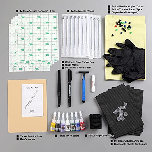 HAWINK Hand Poke and Stick Tattoo Kit DIY Tattoo Tool Kit Kit with 7 Ink 20 PCS Needles Aluminum Alloy Pen GK-HW801TN01-1