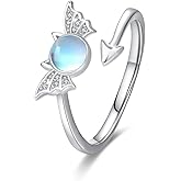 SOESON Moonstone Ring 925 Sterling Silver Angel Devil Ring Cute Adjustable Ring Jewelry Gift for Women