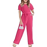 Cudtum Girls Jumpsuit Kids Fashion Short Sleeve Round Neck Belted Wide Leg Romper One Piece Outfits for 5-14 Years