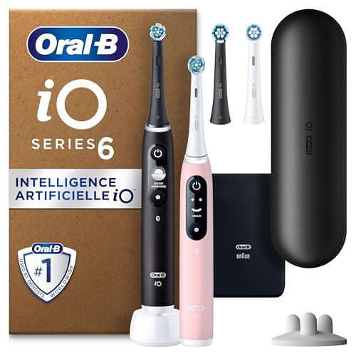 Oral-B Brosses A Dents Electriques iO6 Duo Noire Et Rose, 5 Modes Dont Blancheur Et Soin Des Gencives, Capteur De Pression, Ecran Interactif, 4 Brossettes De Rechange Oral B, Etui De Voyage, Carton
