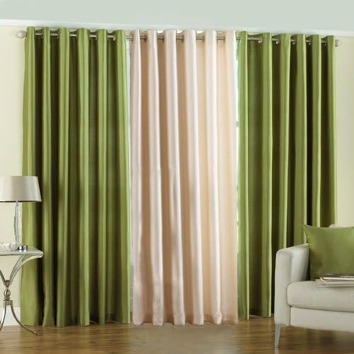 The Decor Hub 3 Piece Elegant Ringtop Plain Polyester Eyelet Door Curtains- 7 Feet, 2Green & 1Cream