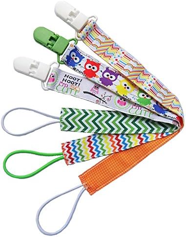 Pacifier Holder -3 Pack Unisex- Unique 2-Sided Design Ribbon Strap with Plastic Clips for Teething Dummy Binky Toys