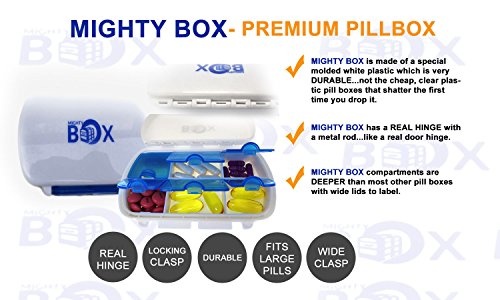 MIGHTY BOX Pill Box Pill Holder Large Pill Container Travel Pill Cases for Purse Vitamin Holder Pill Box Organizer Medicine Case Has Real Hinge and Compartments and Locking Clasp