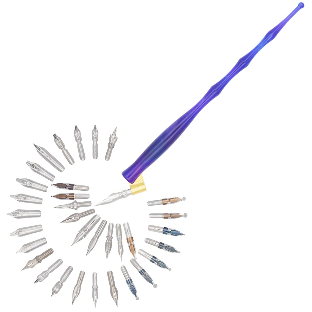 Gullor Calligraphy Pens Set - Resin Dip Pen Handcrafted Calligraphy Set with 33 Nibs, Purple Blue