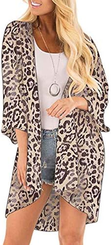 NORA TWIPS Waterfall Cardigan for Women Summer 3/4 Sleeve Mid-Length Open Front Floral Chiffon Kimono Tops Capes Sun Protection Cover-up