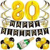 80th Birthday Party Pack - Black & Gold Happy Birthday Bunting, Poms, and Swirls Pack- Birthday Decorations - 80th Birthday Party Supplies