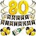 Sterling James Co. 80th Birthday Party Pack - Black & Gold Happy Birthday Bunting, Poms, and Swirls Pack- Birthday Decorations - 80th Birthday Party Supplies