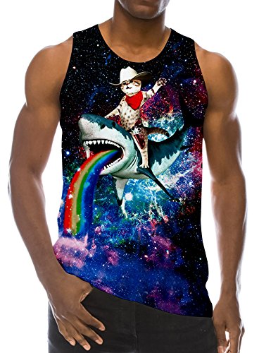 RAISEVERN 3D Cat on Shark Print Funny Pattern Realistic Underwaist Gym Tank Tops for Men,Cat on Shark,Medium