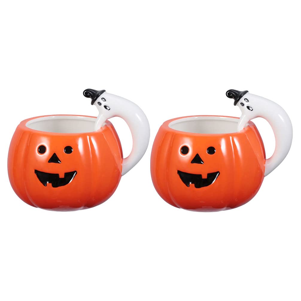 Luxshiny Cute Ceramic Pumpkin Cup 2PCS Ceramic Pumpkin Shaped Coffee Mug, Halloween Pumpkin Mugs Milk Soup Cup Water Mug with Ghost Handle Fun Mugs for Halloween Party Favor