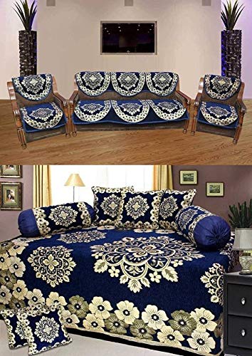 Gurnoor Combo of Floral Design Chenille Diwan and Sofa Cover Set (Blue)