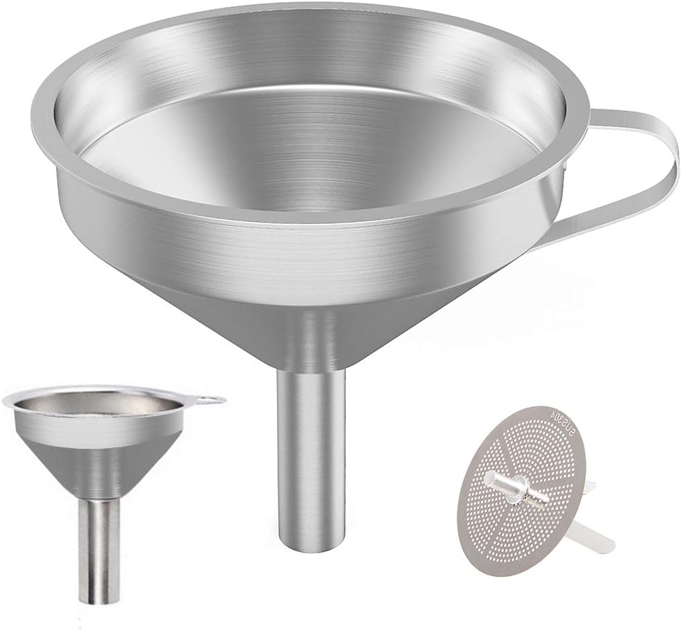 PRAMOO Stainless Steel Kitchen Funnel, 5-Inch Funnel with Removable Strainer Filter for Transferring Liquid, Oil and Dry Ingredients, 2.2-Inch Mini Metal Funnel for Filling Small Bottles