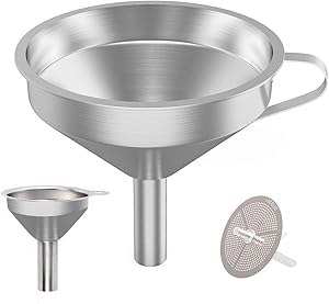 PRAMOO Stainless Steel Kitchen Funnel, 5-Inch Funnel with Removable Strainer Filter for Transferring Liquid, Oil and Dry Ingredients, 2.2-Inch Mini Metal Funnel for Filling Small Bottles