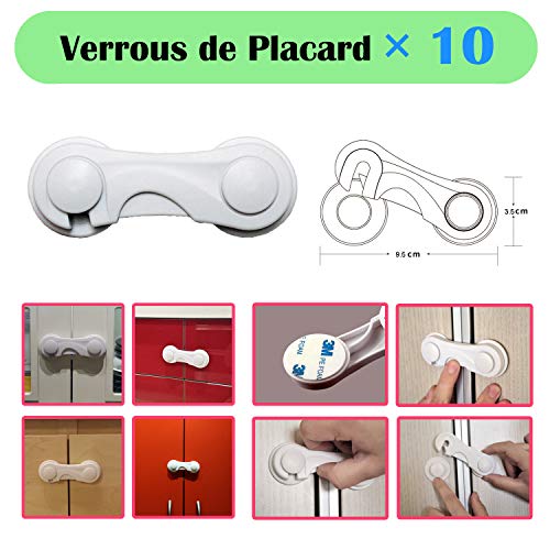 XinPei Kits de sécurité (48 pcs), 20x Norme FR Caches Prises + 10x Verrous de Tiroirs Ajustables + 10x Verrous de Placard + 4x Verrouillage Rectangle + 4x Bloque Porte Anti Pincement