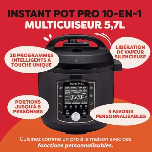 Pro Autocuiseur Multifonction 10-en-1, 1200 W, 5,7 L – Mijoteuse, Cuiseur à Riz, Cuiseur Vapeur, Sauté, Stérilisateur, Yaourtière, Sous Vide – Acier Inoxydable Noir