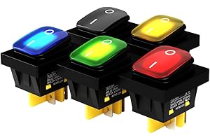 FILN 5Pcs 4 Pin Boat Marine Waterproof On Off DPST Rocker Switch Toggle Switch 30A Heavy Duty 12V 24V LED Illuminated Switch (12V-24V Red+Green+Yellow+Blue+White)