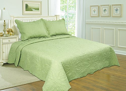 ALL FOR YOU 3-Piece Reversible Bedspread/Coverlet / Quilt Set with Embroideries (sage, King)