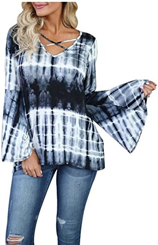 bmjlsport Women's Long Sleeve Tie Dye Blouse Loose Top Criss Cross Tee Shirt