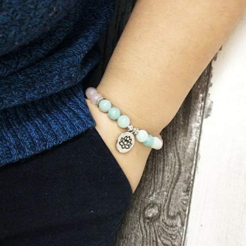 Mikash Wome Men OM Buddha Lotus Beaded Bracelet Wrist Yoga Amazonite Beads Rose Quartzs | Model BRCLT - 9771 | 19CM