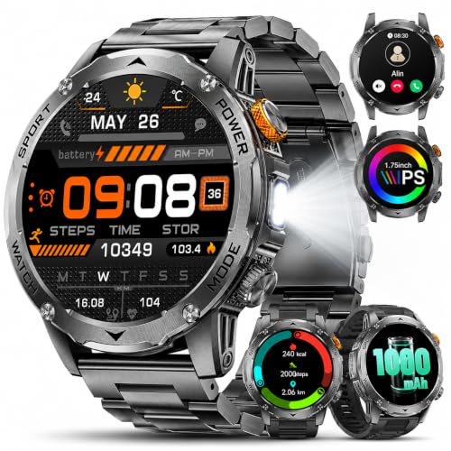 LIMIGE Men's Smartwatch with 1000 mAh/Torch, 1.75 Inches Smart Fitness Watch with Calls, 5 ATM Waterproof Military Smart Watch Tracker for Heart Rate Monitor SpO2,3 Straps, Black