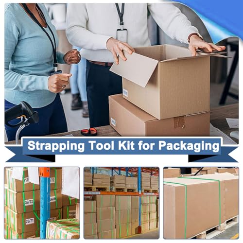 Strapping Tool Kit 4-in-1 PET/PP Handy Baler Packing Strap Tensioner, Heavy Duty Manual Pallet Packaging Strapping Banding Cutter with Tensioner Sealer, 250M Belt, 100 Metal Seals for Hose Clamp Cable