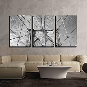 3 Piece Canvas Wall Art - Brooklyn Bridge New York City, USA in Black and White - Modern Home Art Stretched and Framed Ready to Hang - 16"x24"x3 Panels