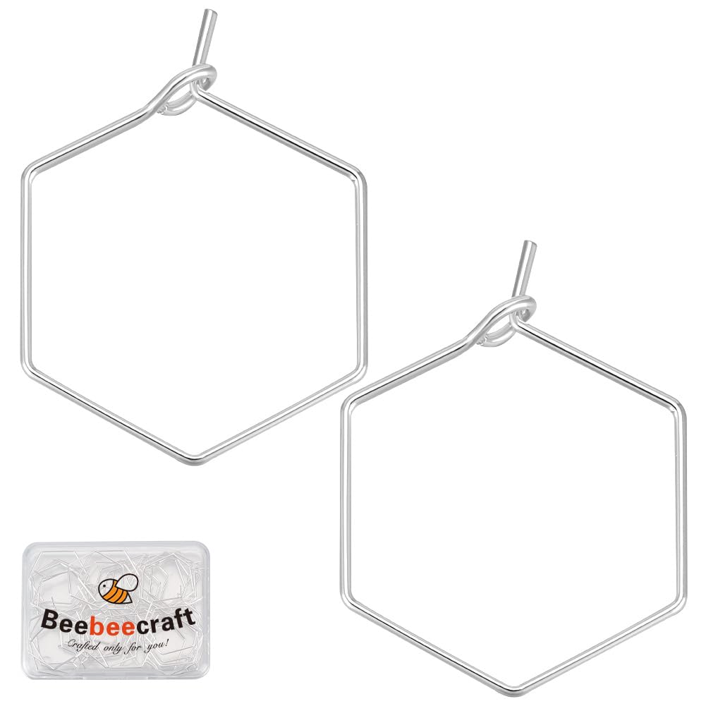 Beebeecraft 1 Box 40Pcs Hoop Ear Wires 925 Sterling Silver Plated Hexagon Geometry Earring Loops Findings for Jewelry Making DIY Beading 20mm