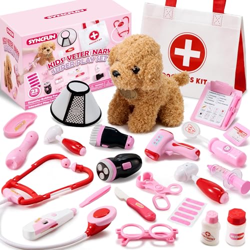 SYNCFUN Doctor Kit for Girls, 22 PCS Veterinarian Playset for Kids, Vet Kit with Dog Toy, Stethoscope, Storage Bag and Accessories, Pretend Role Play for Toddlers 3 4 5 6, Christmas and Birthday Gifts