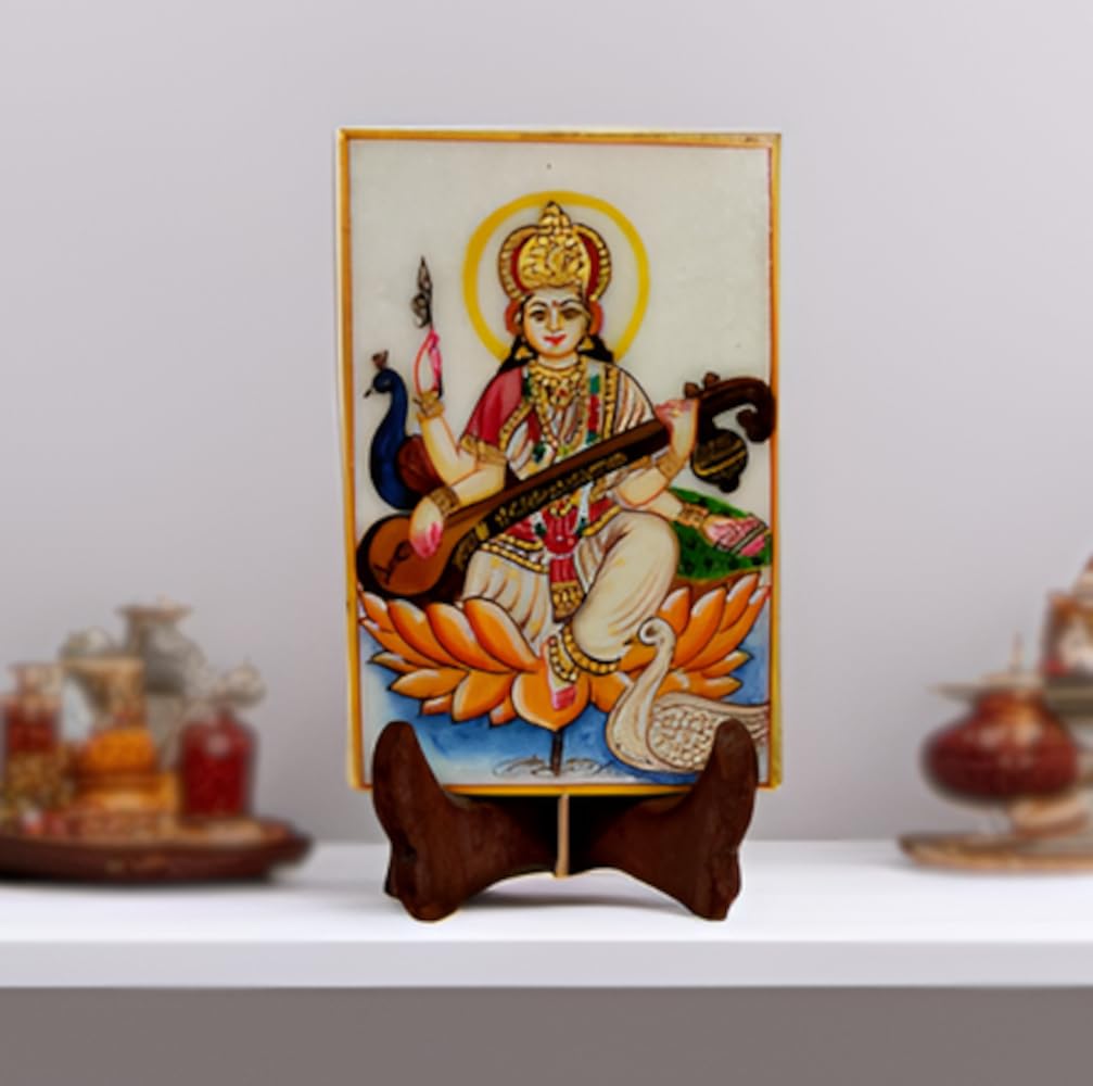 Purpledip Marble Painting Saraswati: Hand Painted Tile with Gold Work, 6x4 Inches (12091)