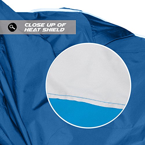 Premium Heavy Duty Outdoor Motorcycle Cover. Waterproof All Season Polyester w/Soft Screen Shield. Heat Resistant Lockable fabric that is Durable & Long Lasting. Fits Sportbikes & Cruisers (Med Navy)