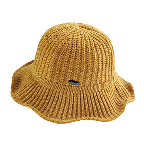 Crytech Women Plain Chenille Thermal Woolen Knitted Crochet Foldable Bucket Sun Hat Cute Flower Shaped Winter Warm Outdoor Fisherman Beanie Visor with Wide Brim for Teens Girls (Yellow)
