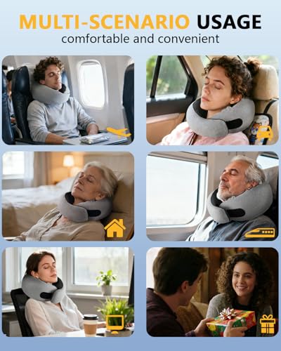Memory Foam Travel Neck Pillow, Ergonomic Cervical Support Pillow, Removable Washable Cover Neck Pillow for Airplane Car Road Trip Office Naps Camping (Light Grey)