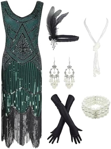 esrtyeryh Women Costume 1920s Gatsby Sequin Fringed Paisley Flapper Dress  with 20s Accessories Set, Green, X-Large price in Saudi Arabia | Amazon  Saudi Arabia | kanbkam