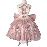 Clivetalos Pink Lolita Dress for Women Girls, Kawaii Princess Dress for Cosplay Costumes, Lace Layers Maid Outfit Sleeveless