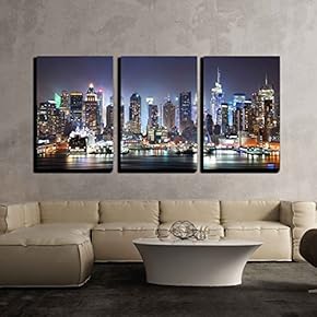 3 Piece Canvas Wall Art - New York City Manhattan Skyline Panorama at Night - Modern Home Art Stretched and Framed Ready to Hang - 16"x24"x3 Panels