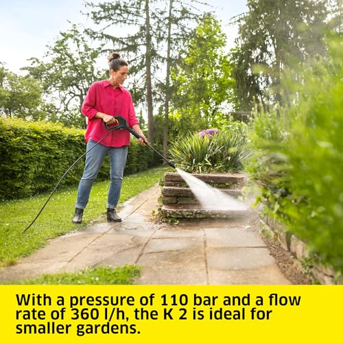 Kärcher high-pressure washer K 2, pressure: max. 110 bar, flow rate: 360 l/h, area: 20 m²/h, weight: 4.2 kg, high-pressure gun, high-pressure hose, dirt blaster