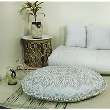 Popular Handicrafts Mandala Round Hippie Floor Pillow Cover (Silver, 32