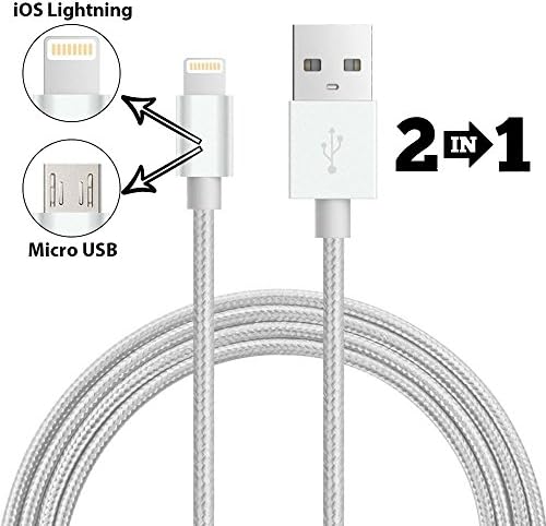 2 in 1 Lightning and Micro USB Charging Cable Nylon Braided Durable MutiDevice Charging for All iPhone and Android charger 3FT Black (SILVER)