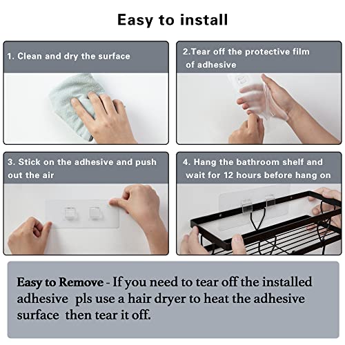 Shower Caddy Shelf Organizer & Bathroom Hair Dryer Hanging Organizer with Hooks, No Drilling Traceless Adhesive Wall Mounted Shower Shelves, Rustproof Stainless Steel Storage Organizer, 2Pack/ Black