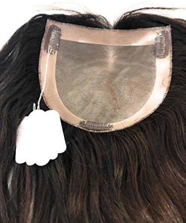 10 inch Long Wavy Real Natural Human Hair – Women’s Kippah Toppers - Monofilament Bondable Hairpiece Closure / Cover Color #4/6 Dark Brown W/ Highlights