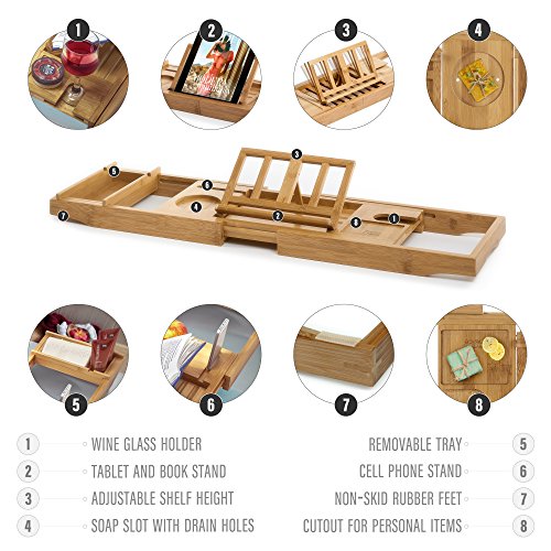 Prosumer's Choice Bamboo Bathtub Caddy with Extra-Long Sides and Built-in Phone/Tablet and Wine Glass Holder - Thumbnail 4