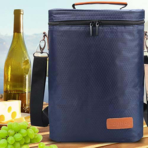 Collapsible Wine Totes Travel Carrier & Cooler Bag with Shoulder Strap, 4 Bottle Picnic Cooler Bag with Insulated Neoprene Leakproof Liner,Water Drinks Beer Picnic Lunch Bag for Grocery,Camping (Navy) - Thumbnail 5