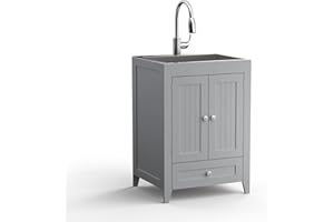 VINGLI 24-Inch Laundry Sink with Cabinet and Pull-Out Sprayer Faucet, Stainless Steel Utility Sink with Cabinet, Grey Cabinet with Sink for Laundry & Utility Room, Kitchen, Bathroom, Basement