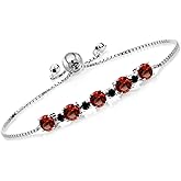 Gem Stone King 925 Sterling Silver Gemstone Birthstone and Black Diamond Tennis Bracelet for Women | Round 5MM and 2.5MM | Adjustable Bolo Design | Easy-On Easy-Off | Fully Adjustable Up to 9 Inch