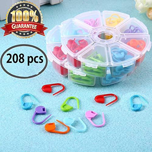 Locking Stitch Markers 208 Pieces Knitting Stitch Counter Multi-Colored Crochet Stitch Needle Clip with Compartment Box by Meiso (2 Pack)