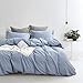 Wake In Cloud - Striped Cotton Duvet Cover Set, 100% Washed Cotton Textured Percale Bedding Set, Ticking Stripe Pinstripe Farmhouse, 3 Pieces, Denim Blue, King Size