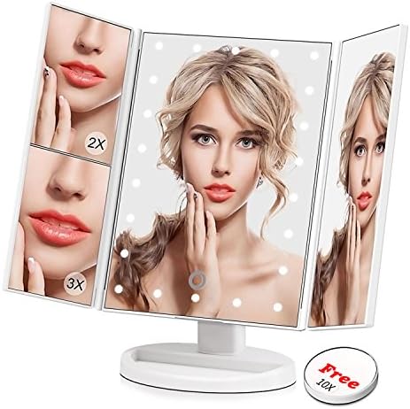 Samways Trifold Makeup Vanity Mirror 22 LED Lights 1x/2x/3x/FREE 10x Magnifying Illuminating Dimmable Daylight Folding Stand Mirrors Touch Control Adjustable Best Women Cosmetic Make-up Shaving White
