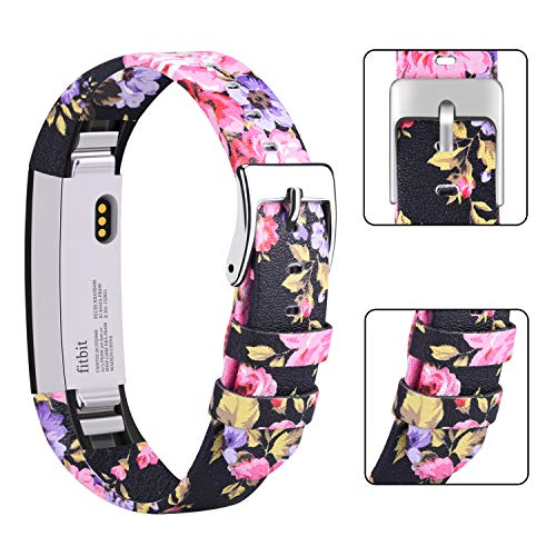 AK Bands Compatible with Fitbit Alta HR Bands, Genuine Leather Adjustable Comfortable Wristbands for Fitbit Alta HR/Fitbit Alta (Floral Pink)