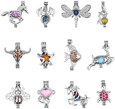 12Pcs Pearl Bead Cage Pendants - Rhodium Plated Hollow Aromatherapy Essential Oil Diffuser Locket Pendant for Jewelry Making with Multi-color Lava Beads
