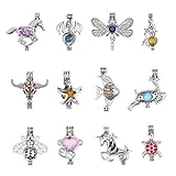 12Pcs Pearl Bead Cage Pendants - Rhodium Plated Hollow Aromatherapy Essential Oil Diffuser Locket Pendant for Jewelry Making with Multi-color Lava Beads
